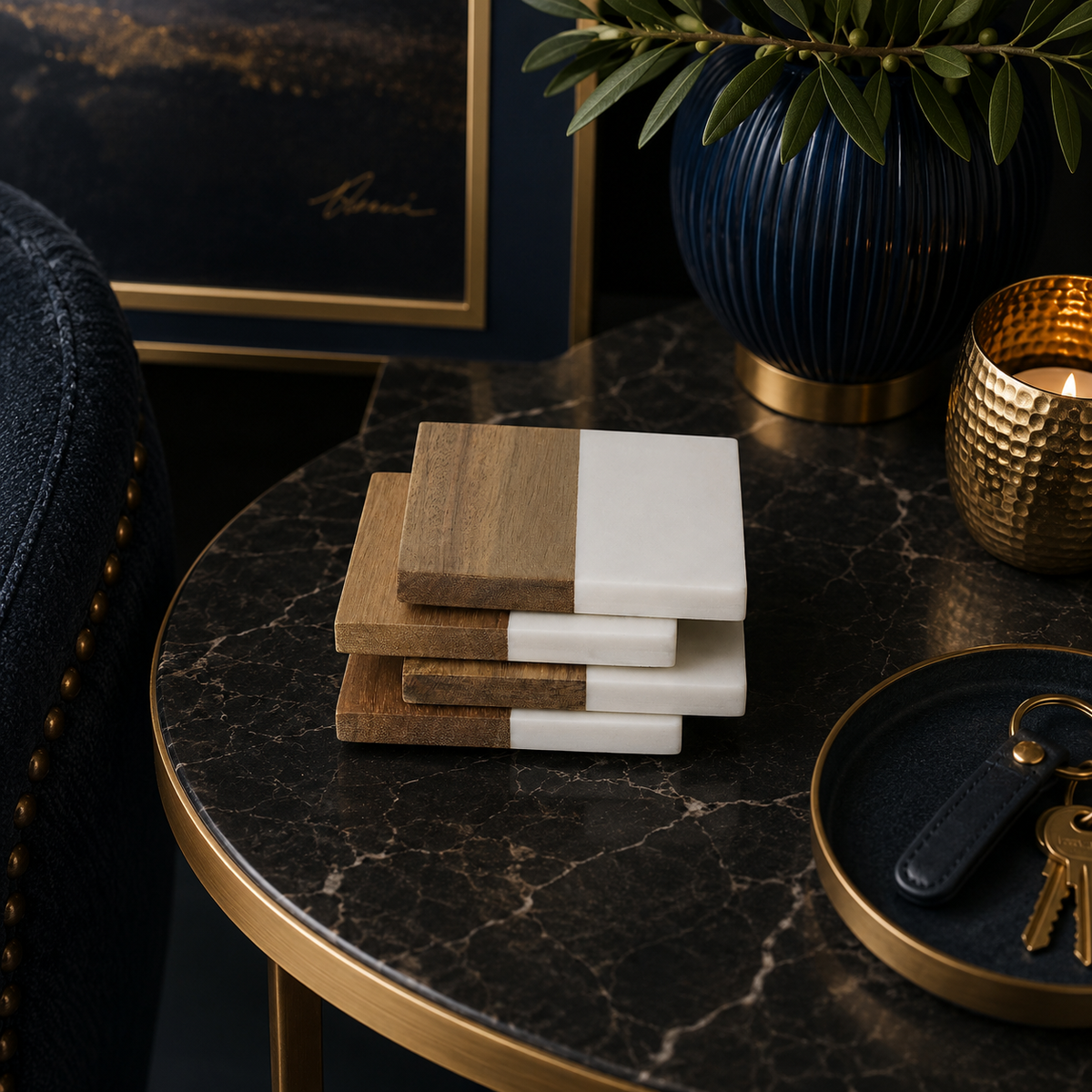 Marble & Acacia Coaster Set