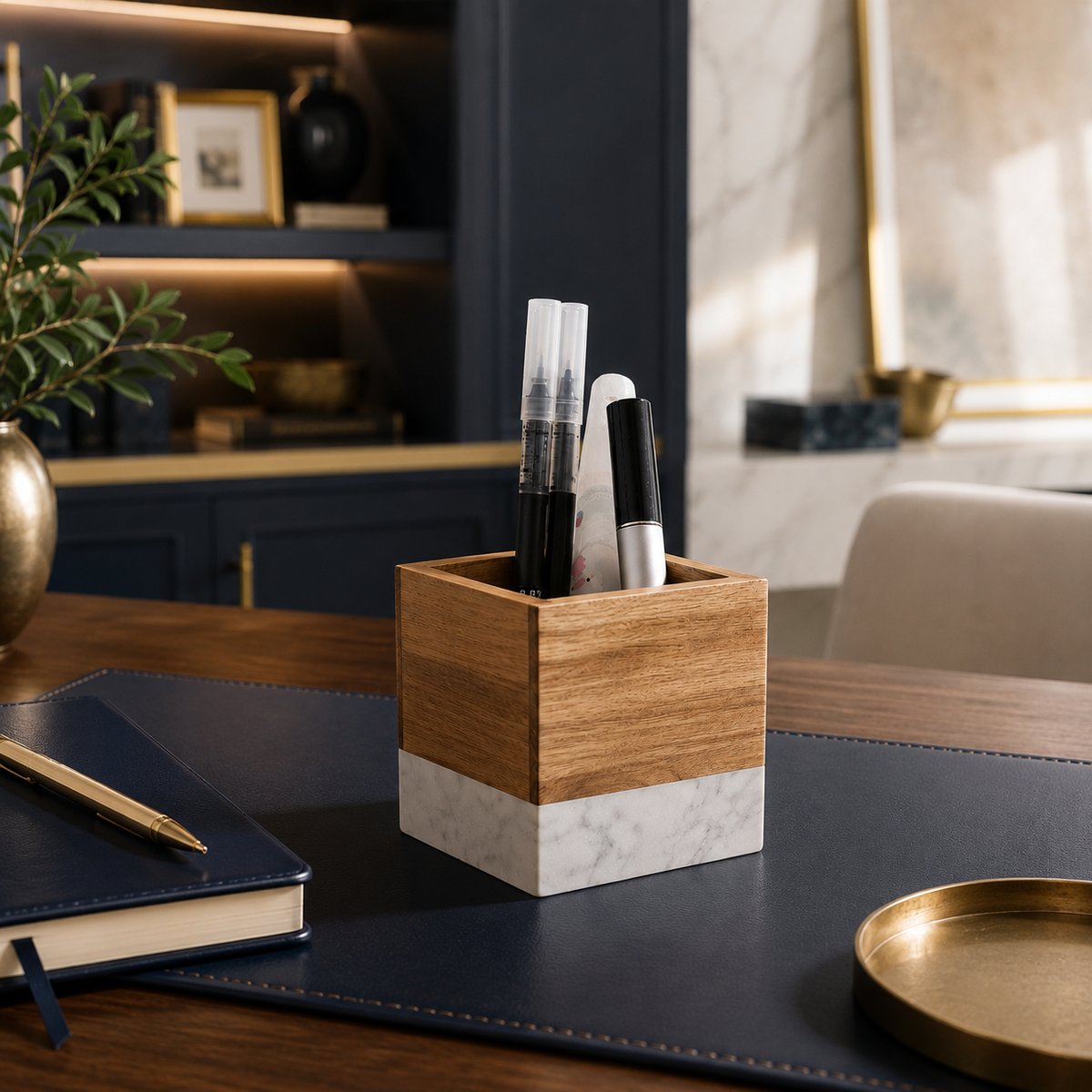 Marble & Acacia Pen Holder