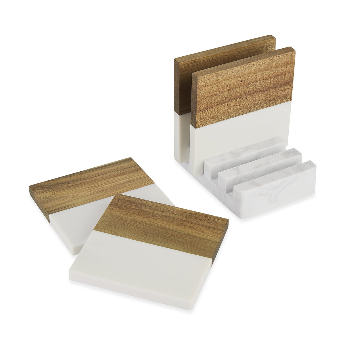 Marble & Acacia Coaster Set